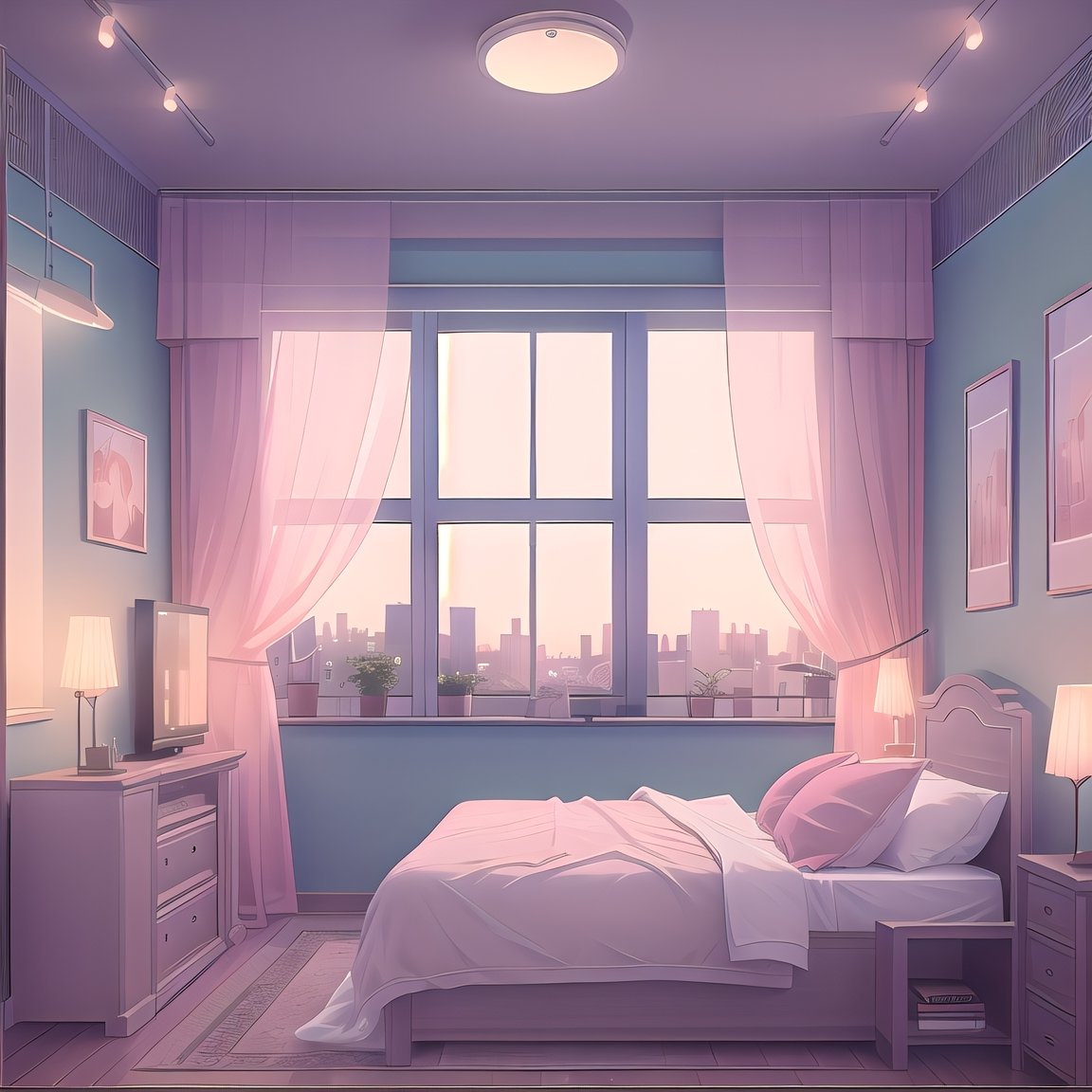 indoor, apartment vintage bed room, window, pictures, lights, sky, balcony, bed, table, tv, (masterpiece),(high quality), best quality, real,(realistic), super detailed, (full detail),(4k),8k,