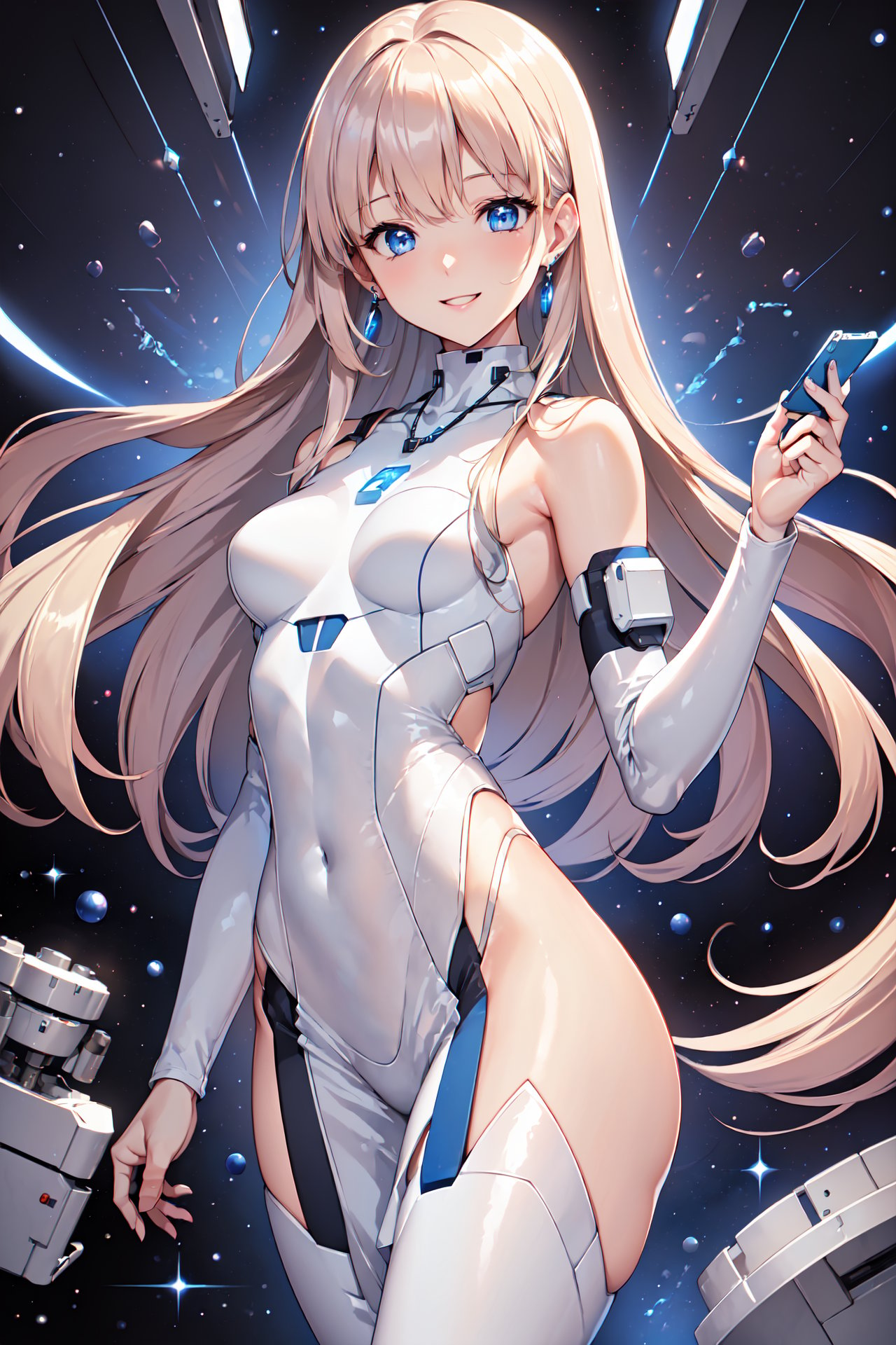 (((big smile, happy, nidity, daring, revealing, skimpy outfit, Science Lab of large cargo spacecraft background, While conducting research, she is again drawn to each other, leading to another secret, passionate moment behind the lab equipment))), (masterpiece, best quality, 4k), 1girl, (170 cm Height, Long platinum blonde hair, always neatly styled, Blue Eyes, Slender and elegant), (A form-fitting, high-tech spacesuit in white and silver, accentuated with blue LED lines, Accessories: Wears a small silver necklace and always has a compact data pad on her wrist), Beautiful