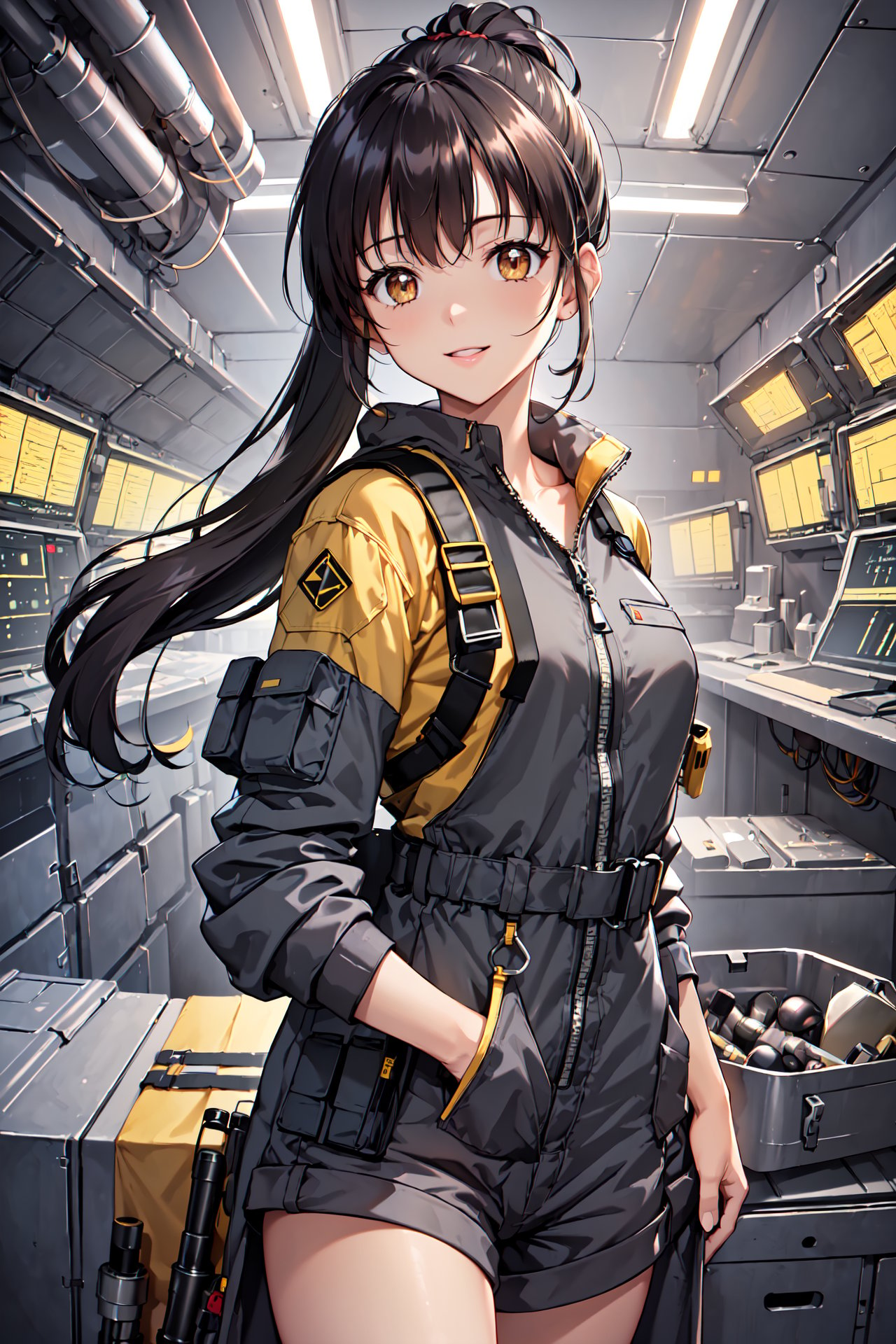 (((light smile, daring, revealing, skimpy outfit, Living Quarters of cargo spacecraft background, she watch a movie, sharing laughs, feeling a sense of comfort and closeness))), (masterpiece, best quality, 4k), 1girl, (158 cm Height, Long black hair, tied back into a tidy ponytail, Large eyes, expressive dark brown eyes, Petite but strong), (A practical engineer’s jumpsuit in dark grey with yellow accents, covered with pockets for tools and gadgets, A utility belt equipped with various tools, and a small pendant hidden under her jumpsuit, Lightweight), Beautiful