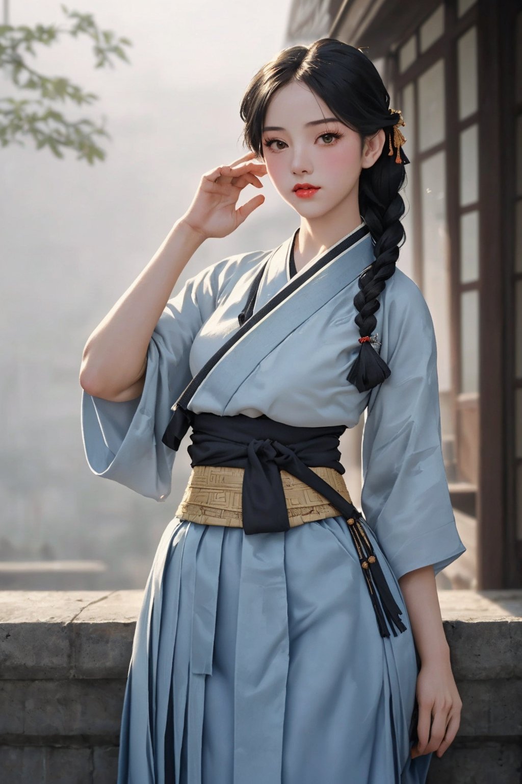 (1 women, beutiful face, 20-Year-Old female at 1920s), (Black Hair, braided hair back, sexy pose), (Dressed in 1920s style colorful hanbok), (Foggy Seoul Streets at 1920s), (Dynamic Pose:1.4), Centered, (Waist-up Shot:1.4), From Front Shot, Insane Details, Intricate Face Detail, Intricate Hand Details, Cinematic Shot and Lighting, Realistic and Vibrant Colors, Masterpiece, Sharp Focus, Ultra Detailed, Incredibly Realistic Environment and Scene, ,Samurai girl