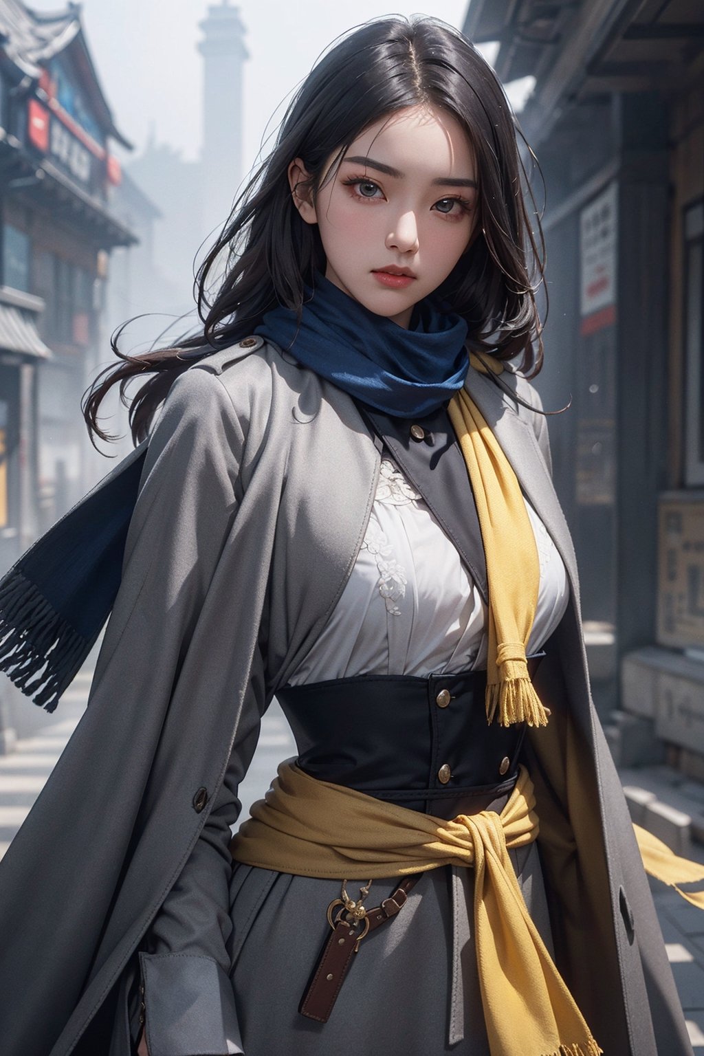 (An strong impression 20-Year-Old Korean Female independence activist at 1920s), (Black Hair, Long hair tied back, a few long strands flowing forward), (Inquisitive Sapphire Gaze:1.4), (Dressed in gray thick and long coat, Long yellow scarf, long skirt.:1.4), (Foggy Seoul Streets at 1920s), (Dynamic Pose:1.4), Centered, (Waist-up Shot:1.4), From Front Shot, Insane Details, Intricate Face Detail, Intricate Hand Details, Cinematic Shot and Lighting, Realistic and Vibrant Colors, Masterpiece, Sharp Focus, Ultra Detailed, Incredibly Realistic Environment and Scene, 