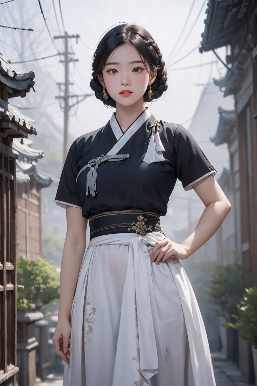 ((((1 young girl, An strong impression 18-Year-Old Korean female student at 1920s)))), (Black Hair, braided hair back), (Dressed in white and black color Korean hanbok), (Foggy Seoul Streets at 1920s), (Dynamic Pose:1.4), Centered, (Waist-up Shot:1.4), From Front Shot, Insane Details, Intricate Face Detail, Intricate Hand Details, Cinematic Shot and Lighting, Realistic and Vibrant Colors, Masterpiece, Sharp Focus, Ultra Detailed, Incredibly Realistic Environment and Scene, 