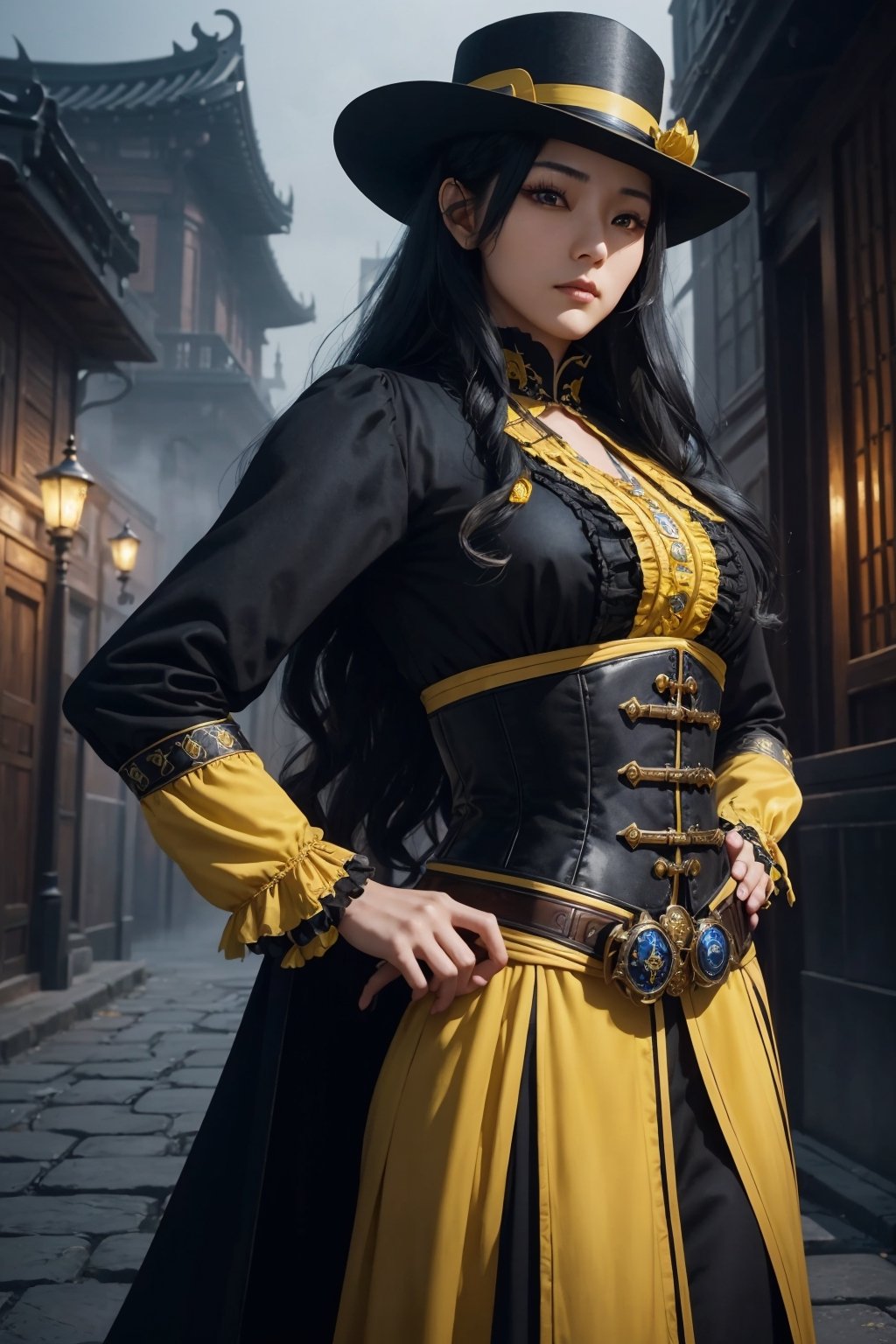 (An Elegant 28-Year-Old Korean Female Detective at 1920s), (Long Wavy Black Hair), (Inquisitive Sapphire Gaze:1.4), (Dressed in Black and Yellow Victorian Detective Garb with a Hat:1.4), (Foggy Seoul Streets at 1920s), (Dynamic Pose:1.4), Centered, (Waist-up Shot:1.4), From Front Shot, Insane Details, Intricate Face Detail, Intricate Hand Details, Cinematic Shot and Lighting, Realistic and Vibrant Colors, Masterpiece, Sharp Focus, Ultra Detailed, Incredibly Realistic Environment and Scene, Master Composition, castlevania style