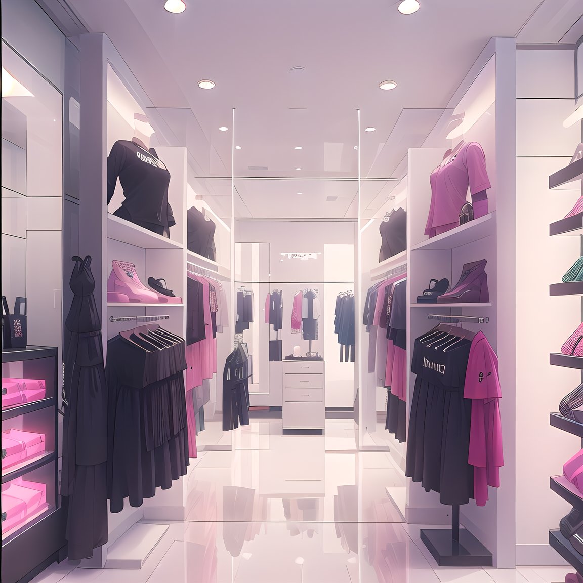 Clothing store/stylist shop, A place where trainees choose clothes and receive styling, There are various clothes and accessories, mirrors and fitting rooms., indoor, (masterpiece),(high quality), best quality, real,(realistic), super detailed, (full detail),(4k),8k,