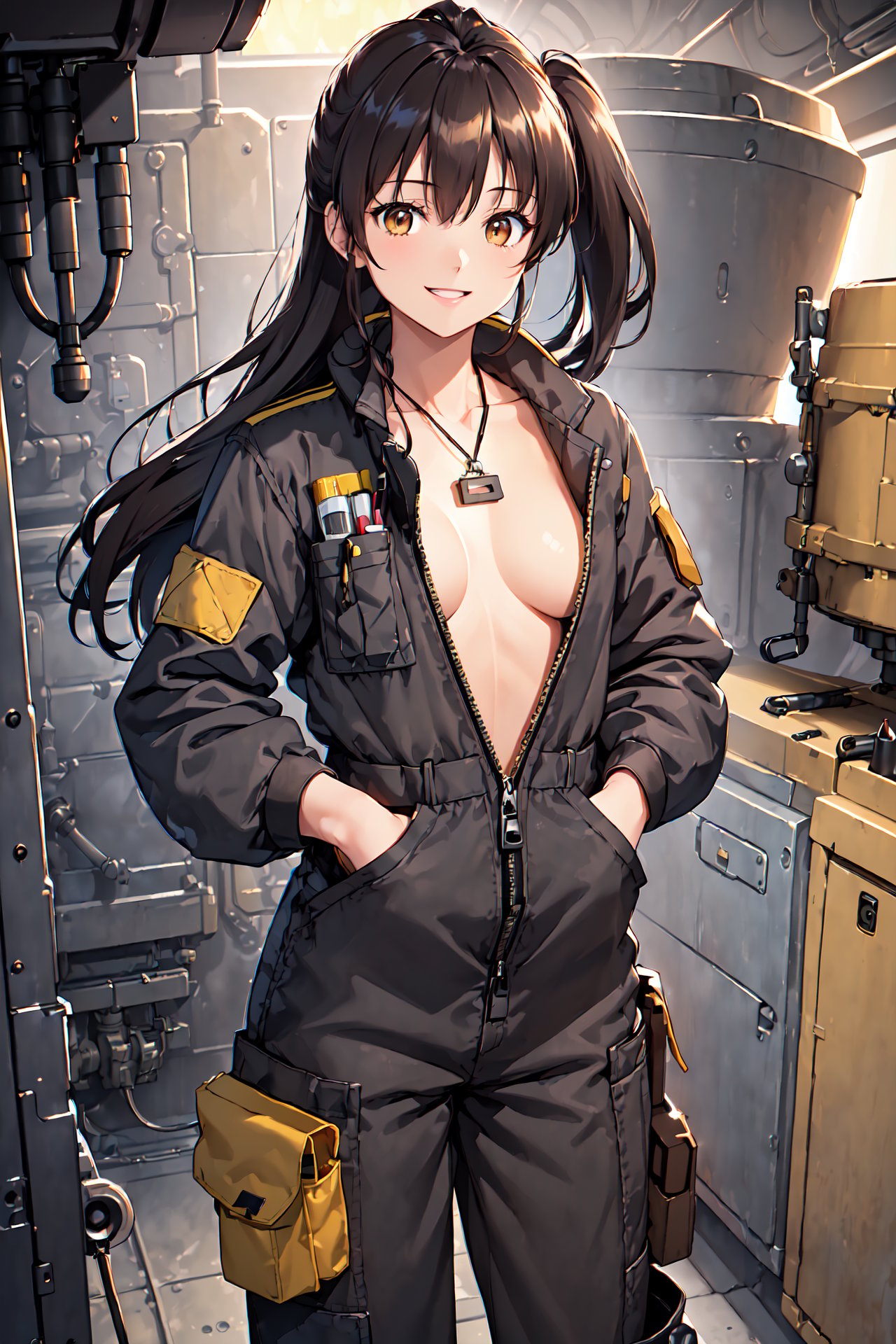 (((happy, big smile, nudity, daring, revealing, skimpy outfit, Engine Room of cargo spacecraft background, Behind the machinery in the engine room, she steal a private moment to share a secret, passionate encounter))), (masterpiece, best quality, 4k), 1girl, (158 cm Height, Long black hair, tied back into a tidy ponytail, Large eyes, expressive dark brown eyes, Petite but strong), (A practical engineer’s jumpsuit in dark grey with yellow accents, covered with pockets for tools and gadgets, A utility belt equipped with various tools, and a small pendant hidden under her jumpsuit, Lightweight), Beautiful