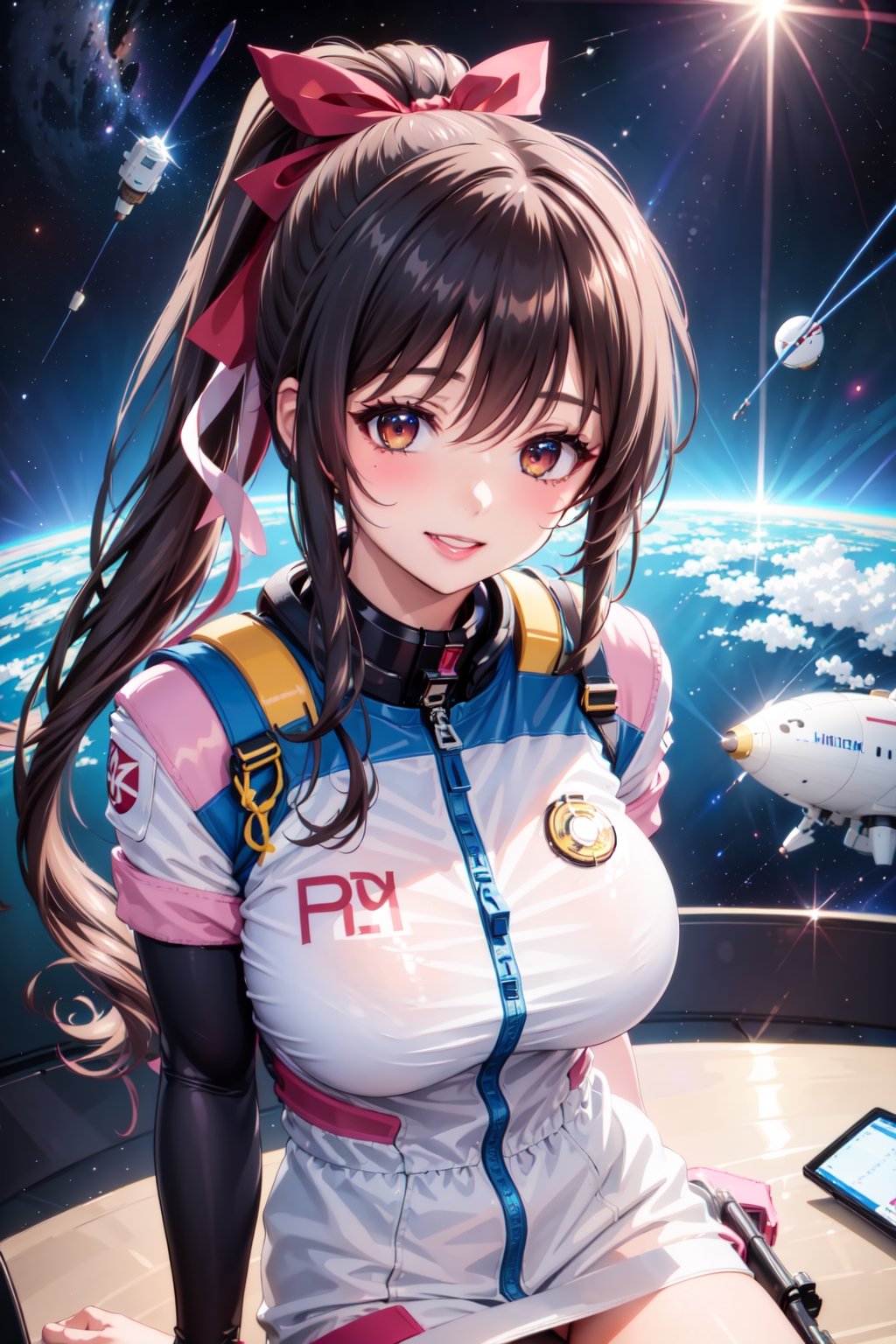 (masterpiece, best quality), 1girl, beautiful face, himejima_akeno, ponytail, long hair, ribbon, big smile, sexy space suit, inside of space ship background,

Beautiful