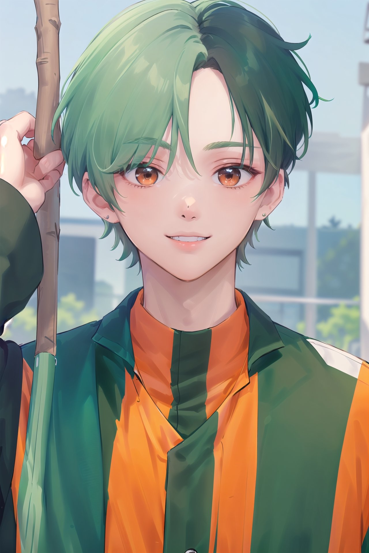 (((solo, looking at viewer))),(masterpiece, best quality), (((1boy, 20yo, handsome face, green color hair, green shot hair, stick out hair))),  (((black color gym suit, orange color stripes))), big smile, blue sky, park background,kpop,boy