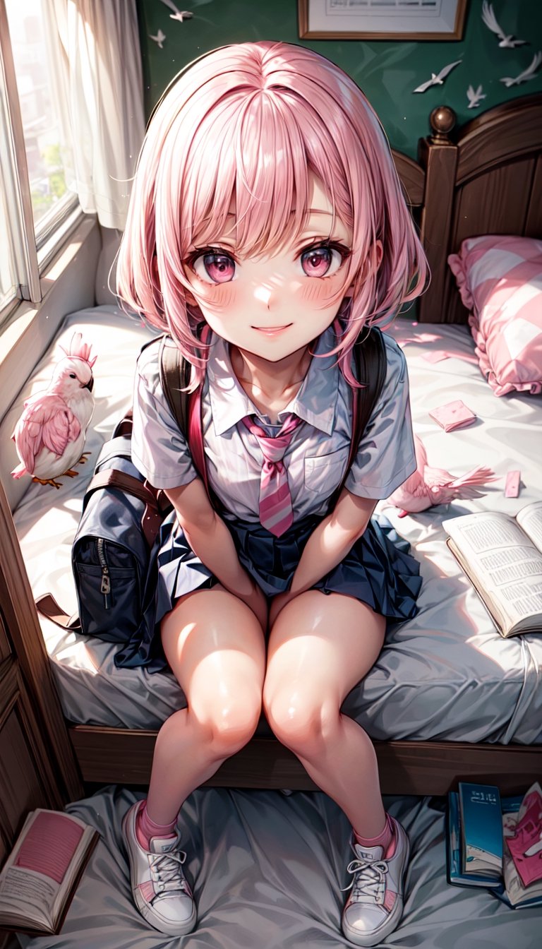 ((bird's eye view)), ((crystal clear)), vibrant, morning light, school uniform, pleated skirt, tie, neatly combed hair, young face, charming smile, backpack, white sneakers, bed, study, curiosity , open book, ((pink and white striped underwear)), female student, scattered underwear, sanitary napkins, orgasm