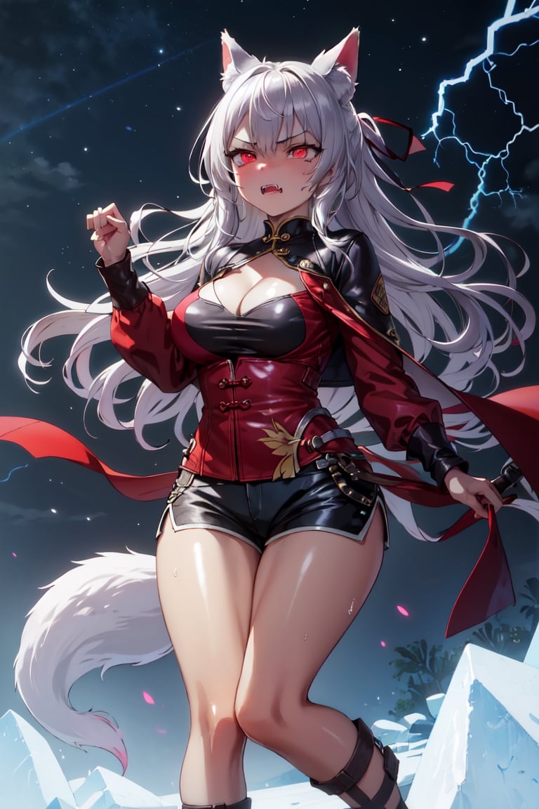 Fox Girl, ((High Quality)), ((Detailed)), Masterpiece, Angry, Dressed, Tight Leather Jacket, Shorts, Red Eyes, Long Hair Covering Eyes, White Hair, Bright Red Lips, Tear Traces, Sharp Fangs, crowd of onlookers, flashing eyes, dark background, unforgettable, heavy heart, hatred, ((Midnight)), harsh roar, mysterious atmosphere, dark red lights, eyes containing anger, The atmosphere is tense, ((Chinese-style ancient building)), gorgeous decorations, mysterious veils, ancient bells, ((howling wind)), ((lightning piercing the night sky)), ((rainbow crossing the darkness)) , the charming night scene, ((drizzle)), ((moonlight filled the earth)), illuminated the fox girl’s pale face, ((transparent ice rain under her feet)), forming a fantasy painting