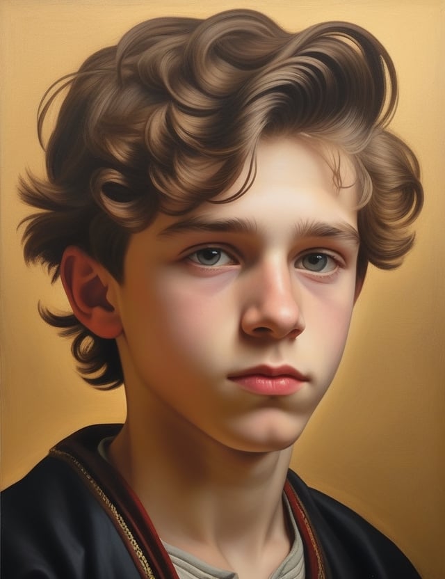 Create a captivating fusion of oil painting and isometric art on a canvas, depicting a 15-year-old Swiss boy with fair skin, short, coiled hair. Focus on a close-up of his face, intricately capturing details. Draw inspiration from the mastery of Rembrandt's oil paintings, the playful isometric compositions of eBoy, and the emotive quality of Ivan Kramskoi's oil portraits. Craft a superior artwork that seamlessly blends these influences into an outstanding portrayal.

