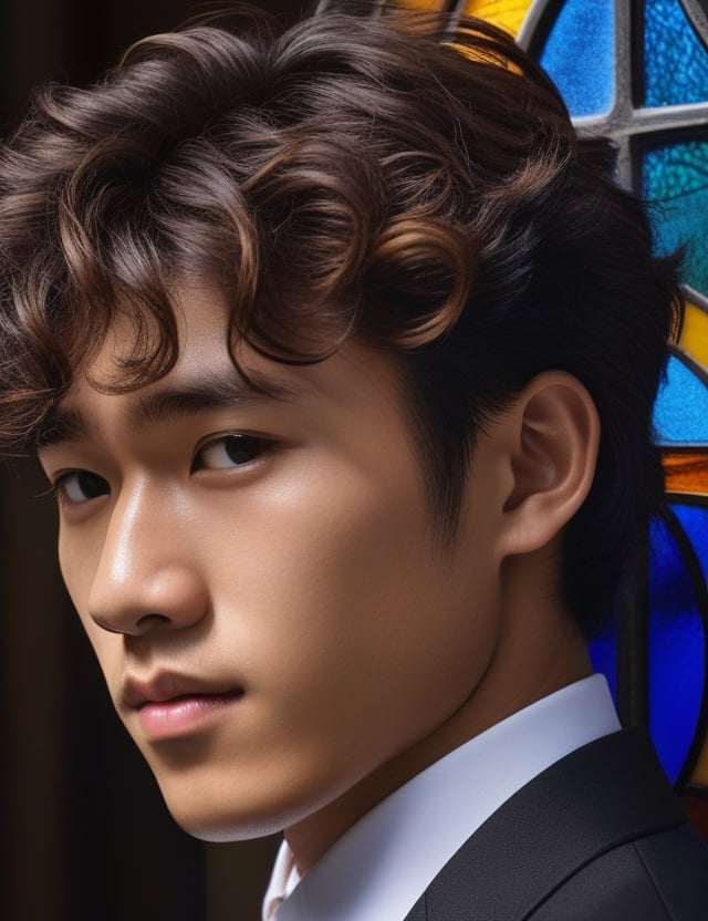 Channel the luminosity of stained glass painting to depict a 20-year-old Asian man. His fair complexion serves as a radiant canvas, complementing the caramel hues of his curly, coiled hair. In this close-up, the brilliance of a glossy black suit accentuates his refined presence. Illuminate the intricate details of his textured, curly hair, capturing the nuanced expressions in his eyes. Convey the cultural essence through the interplay of vibrant hues, allowing the stained glass medium to showcase the uniqueness and sophistication of this young man.

