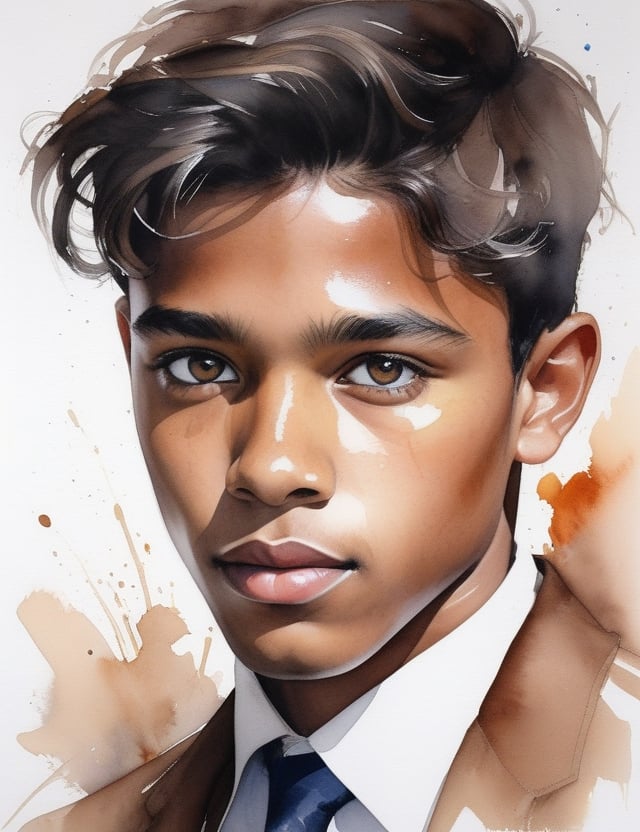 Capture the unique essence of a 15-year-old Dutch boy with rich, ebony skin, tightly coiled black hair, caramel-colored eyes, and dressed in a luminous, glossy brown suit. Zoom in for a close-up of his face, immersing in the intricate details. Channel the aquarelle finesse of Thomas W. Schaller, infuse the emotional depth seen in Agnes Cecile's close-ups, and incorporate the vivid expressiveness of Alvaro Castagnet's watercolor portraits. Deliver a superior watercolor masterpiece that seamlessly blends these influences into an exceptional portrayal.

