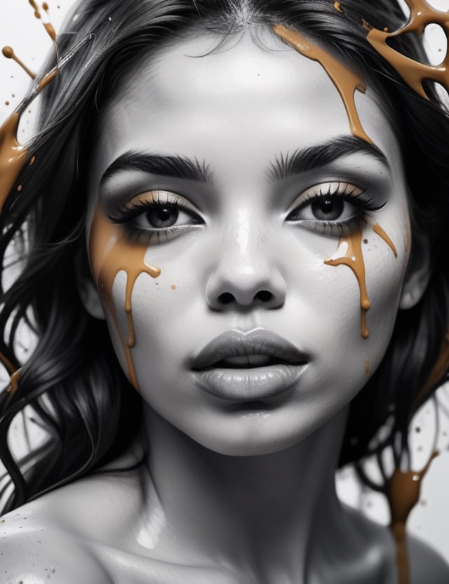 Create an intricate black and white splash painting artwork, portraying a beautiful 20-year-old Venezuelan woman with full lips and caramel skin. Focus on a close-up of her face, intricately capturing details in the style of black and white splash art. Draw inspiration from the dynamic and expressive works of Kim Krans in black and white splash art, the details and subtlety in black and white splash creations by Agnes Cecile, and the originality and harmony in black and white splash art by Marion Bolognesi. Craft a superior black and white splash painting that seamlessly blends these influences into an outstanding portrayal.

