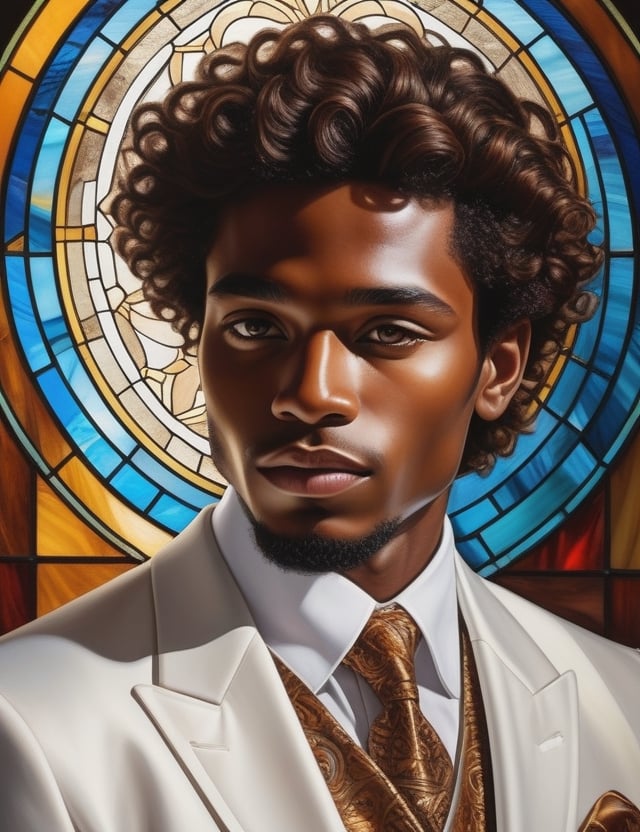 Capture the radiant essence of stained glass painting portraying a 20-year-old man of African descent. His crisp, caramel-hued curls frame a face with a rich, dark mocha complexion. In this close-up, the brilliance of a lustrous white suit enhances his dignified presence. Explore the interplay of vibrant tones, translating the intricate play of light through the glass medium onto his features. Illuminate the intricate patterns of his hair, the nuanced expressions in his eyes, and the cultural significance embedded in every stroke.


