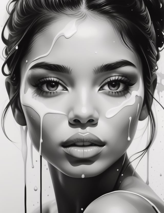 Create an intricate black and white splash painting artwork, portraying a beautiful 20-year-old Venezuelan woman with full lips and caramel skin. Focus on a close-up of her face, intricately capturing details in the style of black and white splash art. Draw inspiration from the dynamic and expressive works of Kim Krans in black and white splash art, the details and subtlety in black and white splash creations by Agnes Cecile, and the originality and harmony in black and white splash art by Marion Bolognesi. Craft a superior black and white splash painting that seamlessly blends these influences into an outstanding portrayal.

