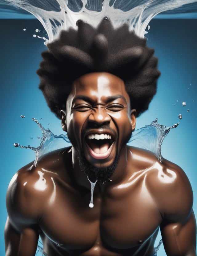 Craft a captivating splash artwork, portraying a joyful African man with rich black skin, and distinctive Afro-American-style Black Power hair. Focus on a close-up of his face, intricately capturing details in the dynamic and expressive medium of splash art. Draw inspiration from the splash photography of liquidART, the splash artworks of David Stenbeck, and the splash portraits of Alberto Seveso. Create a superior splash artwork that seamlessly blends these influences into an outstanding portrayal.

