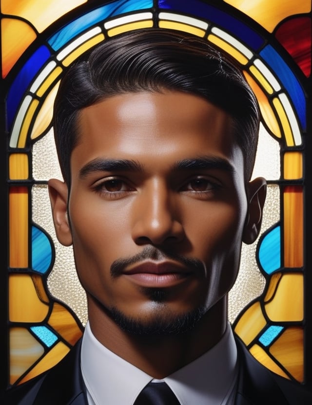 Envision the brilliance of stained glass artistry portraying a 30-year-old Colombian man. His deeply dark complexion serves as a striking canvas, contrasting with short, straight, blonde hair. In this close-up, the radiance of a glossy black suit accentuates his dignified presence. Illuminate the intricate details of his smooth, short hair, highlighting the subtleties in his eyes. Convey the cultural richness through the interplay of vibrant hues, capturing the essence of Colombian warmth and sophistication within the captivating medium of stained glass.

