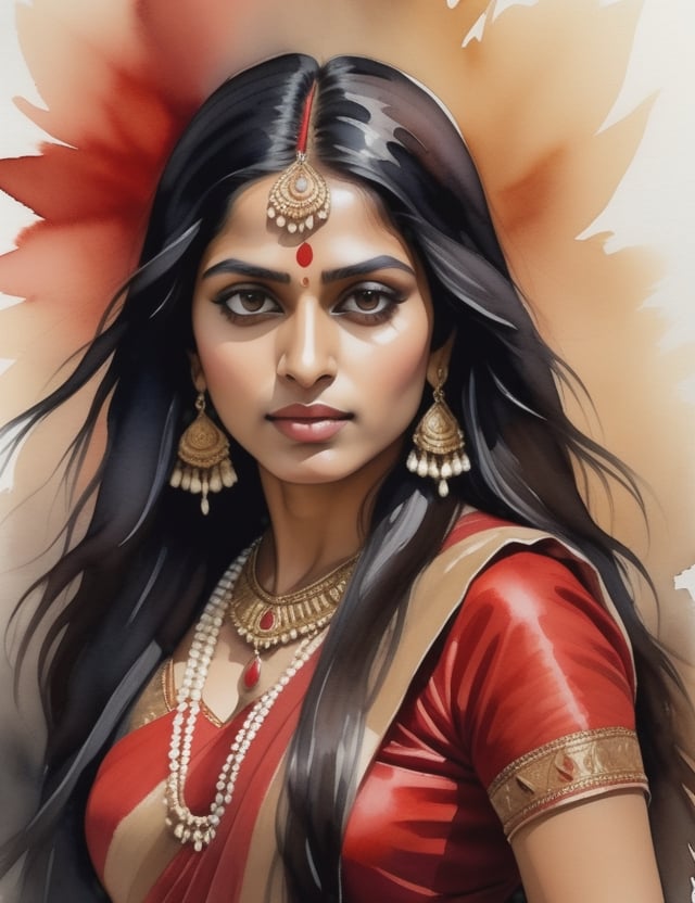 "Create a mesmerizing 4K watercolor painting capturing the exquisite beauty of an Indian woman. Focus on intricate details, portraying her caramelo skin tone, long straight black hair, and a radiant red dress. The composition should be a frontal, close-up view of her face. Ensure the final artwork reflects the level of detail seen in works by artists like John Singer Sargent, Agnes Cecile, and Raja Ravi Varma."


