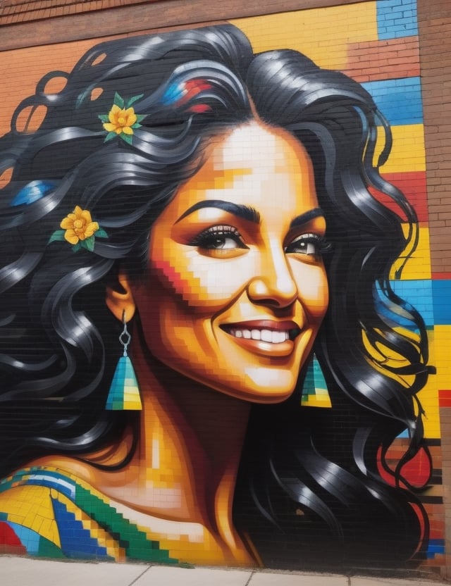 Create a stunning mural on a brick wall, portraying a beautiful 50-year-old Brazilian woman with fair skin, long, freely flowing curly hair, and a look of happiness in her gaze. Focus on a close-up of her face, intricately capturing details using the texture of bricks. Draw inspiration from the vibrant brick murals of Eduardo Kobra, the urban brick art of Blek le Rat, and the mosaic brick works of Invader. Craft a superior brick wall artwork that seamlessly blends these influences into an outstanding portrayal.

