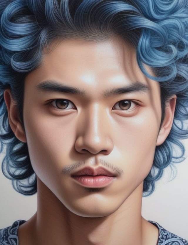 Create a detailed colored pencil artwork, portraying a 20-year-old Asian man with white skin, spiky and curly hair, drawn on a sheet. Focus on a close-up of his face, intricately capturing details in the style of colored pencil art. Draw inspiration from the intricate details of Marco Mazzoni's colored pencil art, the colorful and expressive works of Polina Bright, and the realistic and detailed style of Karla Mialynne in colored pencil drawings. Craft a superior colored pencil artwork that seamlessly blends these influences into an outstanding portrayal.

