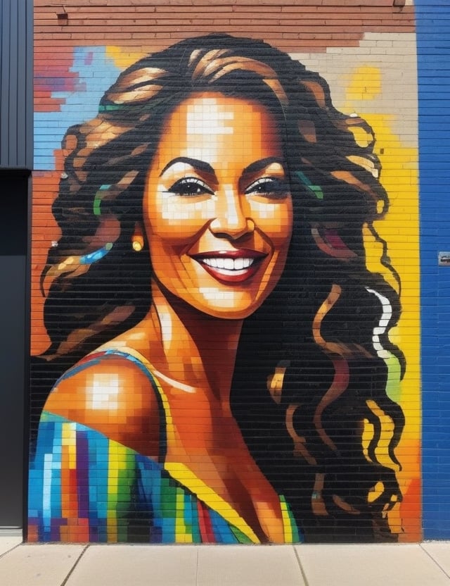 Create a stunning mural on a brick wall, portraying a beautiful 50-year-old Brazilian woman with fair skin, long, freely flowing curly hair, and a look of happiness in her gaze. Focus on a close-up of her face, intricately capturing details using the texture of bricks. Draw inspiration from the vibrant brick murals of Eduardo Kobra, the urban brick art of Blek le Rat, and the mosaic brick works of Invader. Craft a superior brick wall artwork that seamlessly blends these influences into an outstanding portrayal.

