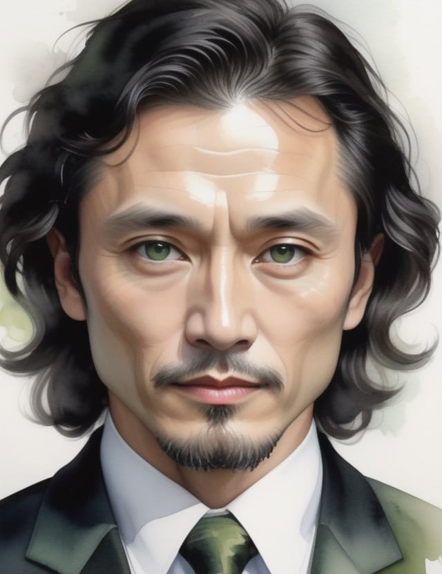 Capture the enigmatic presence of a 40-year-old Russian man with fair skin, slightly wavy, curly green-tinted hair, deep black eyes, and adorned in a luminous, glossy gray suit. Zoom in for a close-up of his face, immersing in the intricate details. Channel the aquarelle mastery of Cheng Lian, infuse the nuanced expressiveness seen in Anna Brigitta Kovacs' close-ups, and incorporate the subtle elegance of Keiko Tanabe's watercolor portraits. Deliver a superior watercolor masterpiece that seamlessly blends these influences into an exceptional portrayal.

