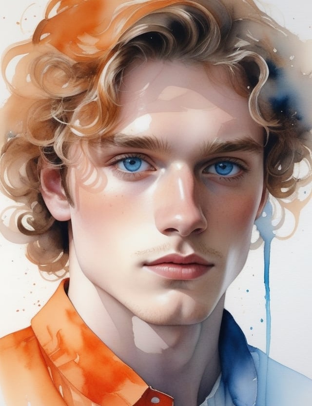 Illuminate the youthful energy of a 20-year-old Norwegian man with fair skin, slightly wavy, curly hair, captivating blue eyes, and adorned in a luminous, glossy orange suit. Focus on a close-up of his face, diving into the intricate details. Channel the aquarelle finesse of Birgit O'Connor, infuse the emotive depth seen in Agnes Cecile's close-ups, and incorporate the refined portraiture style of Thomas W. Schaller's watercolor works. Deliver a superior watercolor masterpiece that seamlessly blends these influences into an exceptional portrayal.

