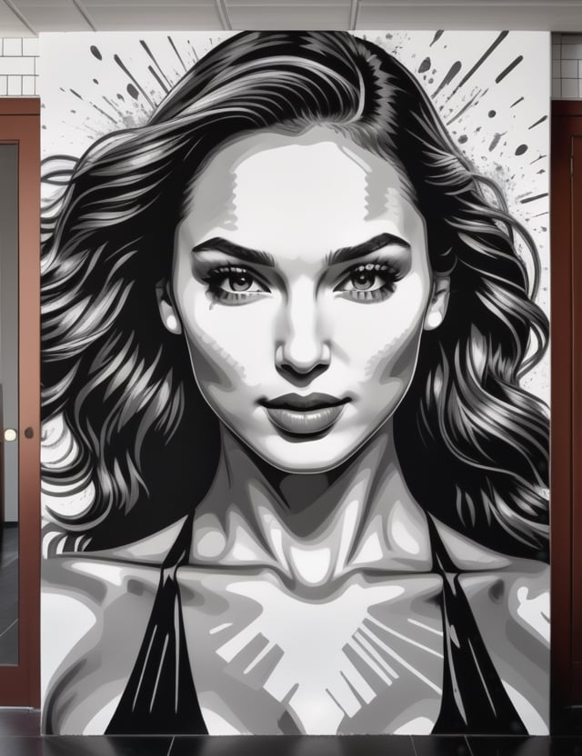 Create a captivating black and white wall splash artwork, portraying a close-up of the face of actress Gal Gadot. Intricately capture details in the style of wall splashes, focusing on the dynamic features of her expression. Draw inspiration from the black and white wall splash works of Ian Ross, the monochromatic mural art of Eduardo Kobra, and the distinctive style of Vhils in urban art. Craft a superior wall splash artwork that seamlessly blends these influences into an outstanding portrayal of Gal Gadot.

