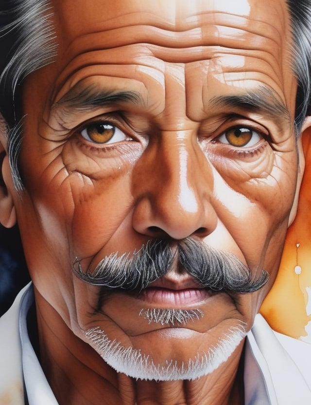 Capture the wisdom of a 60-year-old Bolivian man with fair skin, caramel-colored coiled hair, small black mustache, and deep black eyes, dressed in a luminous, glossy white suit. Focus on a close-up of his face, diving into the intricate details. Channel the aquarelle finesse of Lorraine Watry, infuse the nuanced expressiveness seen in Anna Brigitta Kovacs' close-ups, and incorporate the subtle portraiture style of Karlyn Holman's watercolor works. Deliver a superior watercolor masterpiece that seamlessly blends these influences into an exceptional portrayal.

