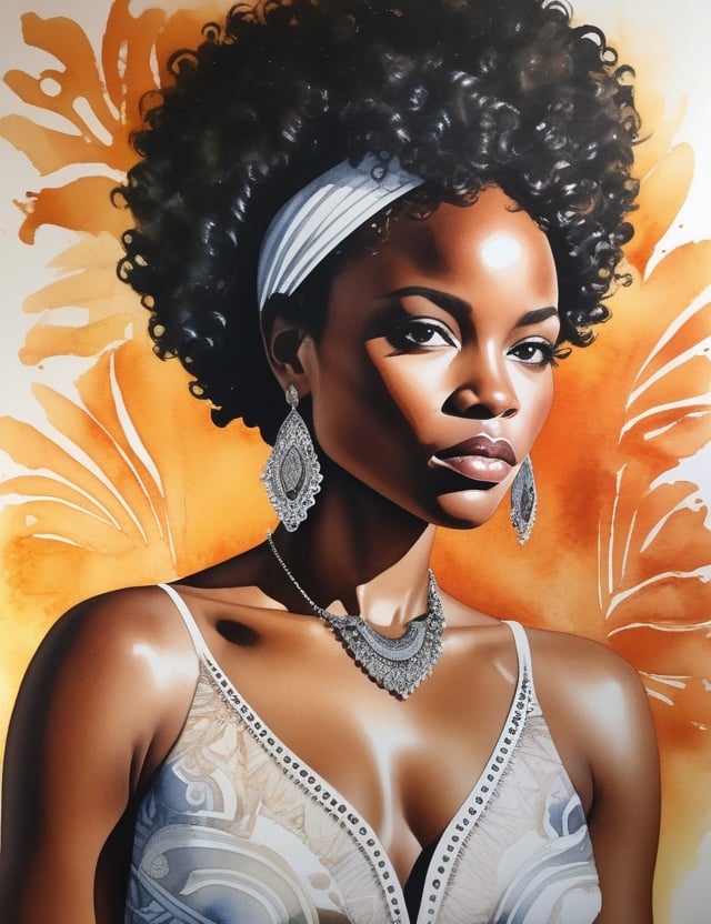 "Craft a stunning 4K watercolor painting depicting the grace of an African woman. Concentrate on intricate details, showcasing her deep black, short, curly hair, and a luminous white dress. The composition should offer a frontal, close-up view of her face. Aim for extreme details reminiscent of artists like Kehinde Wiley, Mary Whyte, and Wangechi Mutu."

