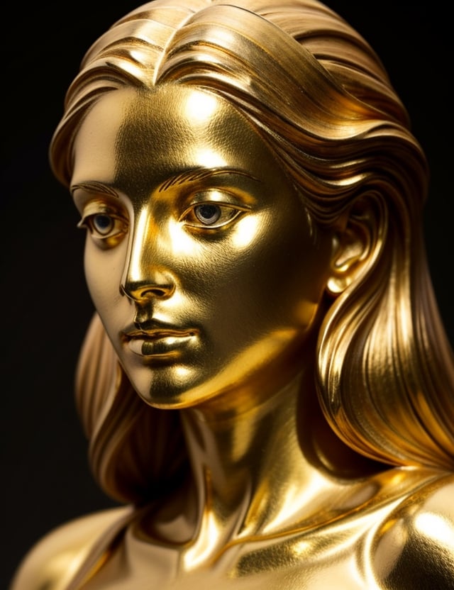 Craft an opulent gold sculpture, portraying a 40-year-old Russian woman with straight and slightly wavy hair. Focus on a close-up of her face, intricately capturing details in the style of gold sculptures. Draw inspiration from the gold sculptures of Marc Quinn, the golden works of Damien Hirst, and the refined style of Francesco Jerace in sculpture. Create a superior gold sculpture that seamlessly blends these influences into an outstanding portrayal.

