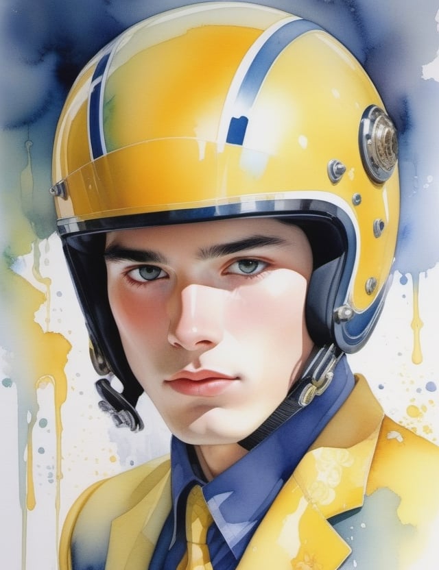 Illuminate the youthful vibrance of a 19-year-old Austrian man with fair skin, straight black hair, deep black eyes, and adorned in a luminous, glossy yellow suit. Focus on a close-up of his face, diving into the intricate details. Channel the aquarelle finesse of Birgit O'Connor, infuse the fantastical expressiveness seen in Stephanie Law's close-ups, and incorporate the refined portraiture style of Joseph Zbukvic's watercolor works. Deliver a superior watercolor masterpiece that seamlessly blends these influences into an exceptional portrayal.

