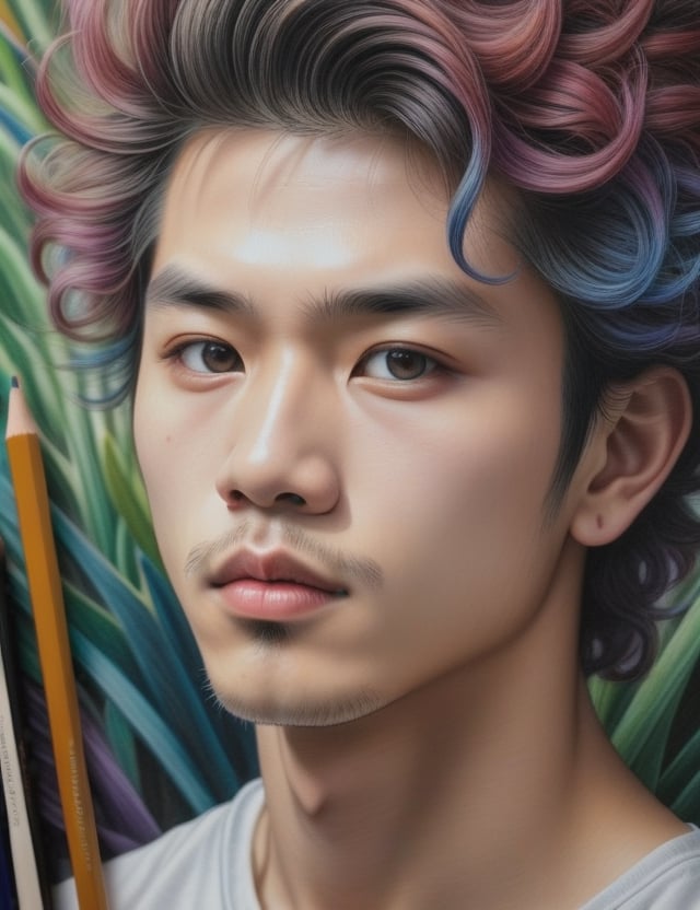 Create a detailed colored pencil artwork, portraying a 20-year-old Asian man with white skin, spiky and curly hair, drawn on a sheet. Focus on a close-up of his face, intricately capturing details in the style of colored pencil art. Draw inspiration from the intricate details of Marco Mazzoni's colored pencil art, the colorful and expressive works of Polina Bright, and the realistic and detailed style of Karla Mialynne in colored pencil drawings. Craft a superior colored pencil artwork that seamlessly blends these influences into an outstanding portrayal.

