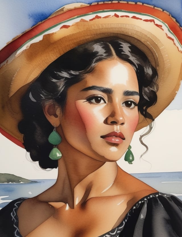 "Craft an exquisite 4K watercolor painting portraying the allure of a Mexican woman. Pay meticulous attention to details, depicting her warm, bronzed complexion, short, curly black hair, and a simple black dress. The composition should feature a frontal, close-up view of her face. Strive for extreme details inspired by artists like Diego Rivera, Frida Kahlo, and Winslow Homer."

