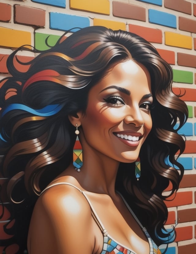 Create a stunning mural on a brick wall, portraying a beautiful 50-year-old Brazilian woman with fair skin, long, freely flowing curly hair, and a look of happiness in her gaze. Focus on a close-up of her face, intricately capturing details using the texture of bricks. Draw inspiration from the vibrant brick murals of Eduardo Kobra, the urban brick art of Blek le Rat, and the mosaic brick works of Invader. Craft a superior brick wall artwork that seamlessly blends these influences into an outstanding portrayal.

