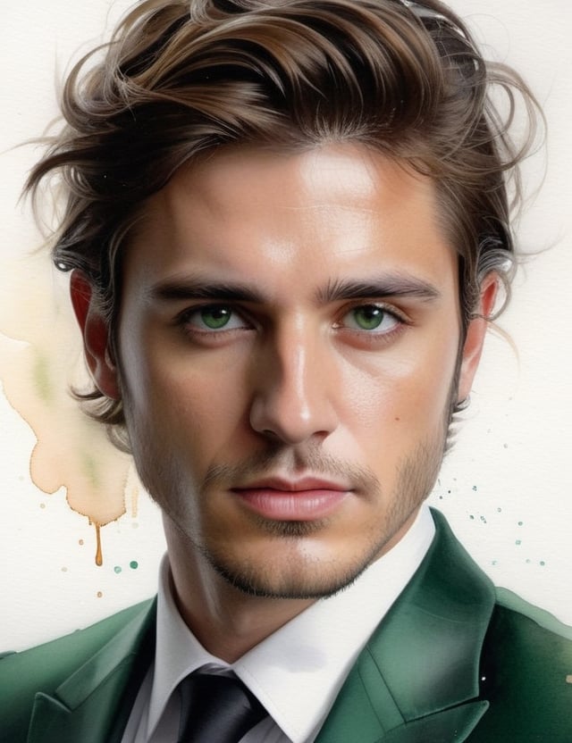 Capture the essence of a 30-year-old Uruguayan man with fair skin, caramel-colored coiled hair, and deep black eyes, adorned in a striking, glossy green suit. Zoom in for a close-up of his face, immersing in the intricate details. Channel the aquarelle expertise of Joseph Zbukvic, infuse the delicate expressiveness seen in Endre Penovác's close-ups, and incorporate the emotional depth of Agnes Cecile's watercolor portraits. Deliver an exceptional watercolor masterpiece that seamlessly blends these influences into a superior portrayal.

