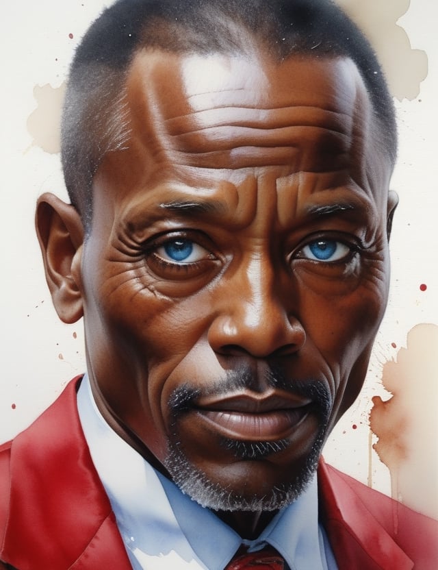 Illuminate the dignity of a 50-year-old African man with rich, ebony skin, caramel-colored coiled hair, and piercing blue eyes, adorned in a vibrant, glossy red suit. Focus on a close-up of his face, capturing the intricate details. Channel the aquarelle mastery of Alvaro Castagnet, infuse the vibrant expressiveness seen in Dean Crouser's close-ups, and embody the subtle elegance of Keiko Tanabe's watercolor portraits. Deliver an extraordinary watercolor masterpiece that seamlessly blends these influences into a superior portrayal.

