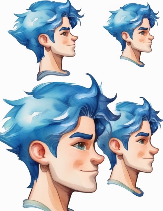 Blue hair boy character sheet, style by watercolor paint