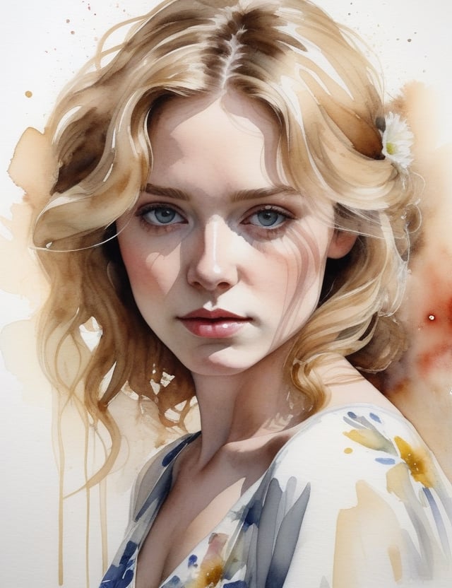 "Create a captivating 4K watercolor painting capturing the beauty of an American woman. Focus on intricate details, portraying her fair complexion, short, curly blonde hair, and a white floral dress. The composition should present a frontal, close-up view of her face. Strive for extreme details inspired by artists such as Andrew Wyeth, Mary Cassatt, and Agnes Cecile."

