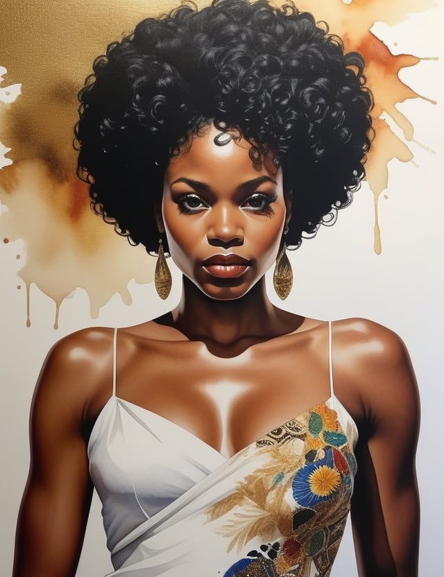 "Craft a stunning 4K watercolor painting depicting the grace of an African woman. Concentrate on intricate details, showcasing her deep black, short, curly hair, and a luminous white dress. The composition should offer a frontal, close-up view of her face. Aim for extreme details reminiscent of artists like Kehinde Wiley, Mary Whyte, and Wangechi Mutu."

