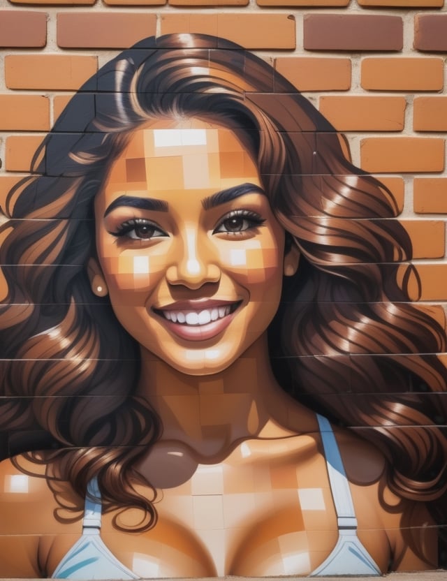 Create a captivating mural on a brick wall, portraying a beautiful 20-year-old Ecuadorian woman with a caramel skin tone, long, freely flowing curly hair, and a look of happiness in her gaze. Focus on a close-up of her face, intricately capturing details using the texture of bricks. Draw inspiration from the vibrant brick murals of Eduardo Kobra, the urban brick art of Blek le Rat, and the mosaic brick works of Invader. Craft a superior brick wall artwork that seamlessly blends these influences into an outstanding portrayal.

