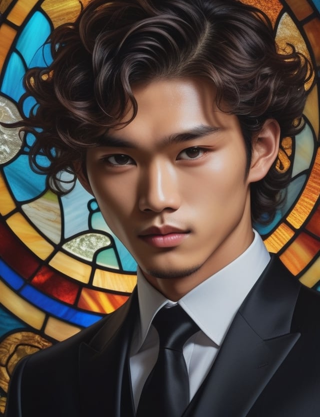 Channel the luminosity of stained glass painting to depict a 20-year-old Asian man. His fair complexion serves as a radiant canvas, complementing the caramel hues of his curly, coiled hair. In this close-up, the brilliance of a glossy black suit accentuates his refined presence. Illuminate the intricate details of his textured, curly hair, capturing the nuanced expressions in his eyes. Convey the cultural essence through the interplay of vibrant hues, allowing the stained glass medium to showcase the uniqueness and sophistication of this young man.

