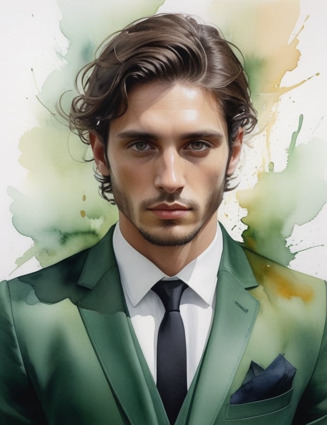 Capture the essence of a 30-year-old Uruguayan man with fair skin, caramel-colored coiled hair, and deep black eyes, adorned in a striking, glossy green suit. Zoom in for a close-up of his face, immersing in the intricate details. Channel the aquarelle expertise of Joseph Zbukvic, infuse the delicate expressiveness seen in Endre Penovác's close-ups, and incorporate the emotional depth of Agnes Cecile's watercolor portraits. Deliver an exceptional watercolor masterpiece that seamlessly blends these influences into a superior portrayal.

