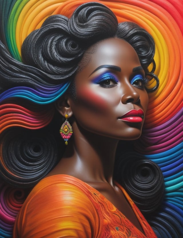 Create a vibrant crayon art piece, portraying a 50-year-old Russian woman with black skin, and tightly curled, wavy hair. Focus on a close-up of her face, intricately capturing details in the style of crayon art. Draw inspiration from the colorful works of Tim Jeffs in crayon, crayon art by Don Marco, and the vibrant style of Ester Roi in crayon drawings. Craft a superior crayon art piece that seamlessly blends these influences into an outstanding portrayal.

