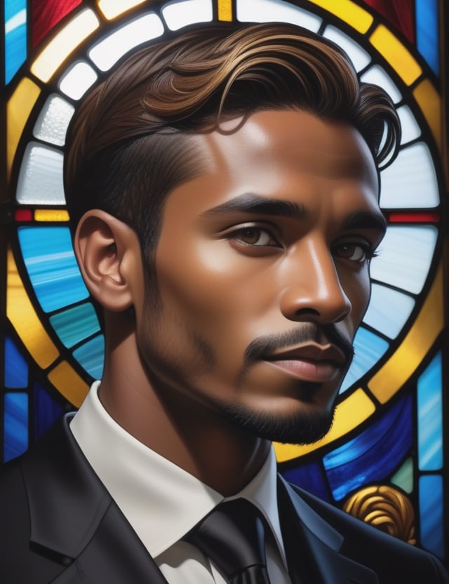 Envision the brilliance of stained glass artistry portraying a 30-year-old Colombian man. His deeply dark complexion serves as a striking canvas, contrasting with short, straight, blonde hair. In this close-up, the radiance of a glossy black suit accentuates his dignified presence. Illuminate the intricate details of his smooth, short hair, highlighting the subtleties in his eyes. Convey the cultural richness through the interplay of vibrant hues, capturing the essence of Colombian warmth and sophistication within the captivating medium of stained glass.

