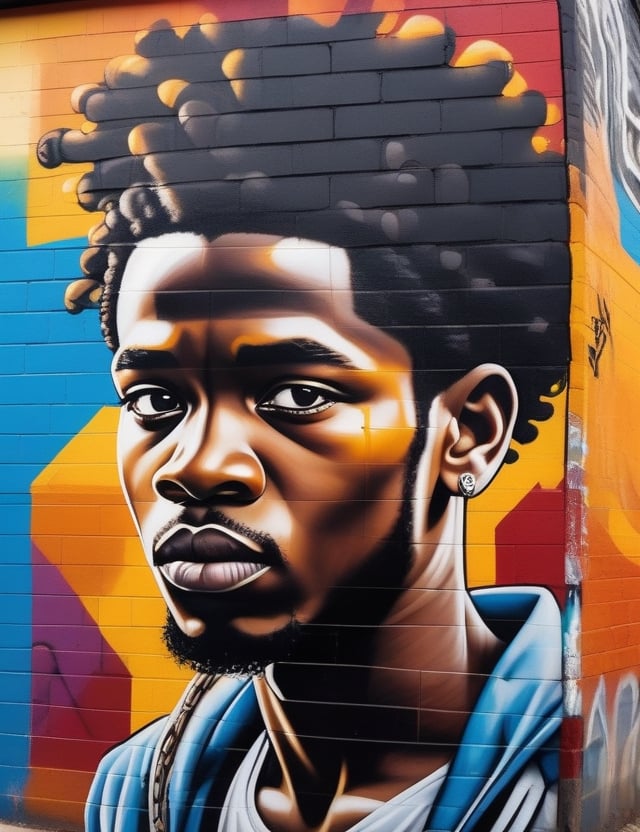 Create a striking urban mural on a wall, depicting a 20-year-old African man with rich black skin and short, coiled hair. Focus on a close-up of his face, intricately capturing details. Draw inspiration from the thought-provoking urban art of Banksy, the vibrant and colorful murals of Eduardo Kobra, and the raw, emotional graffiti style of Faith47. Craft a superior urban mural that seamlessly blends these influences into an outstanding portrayal.

