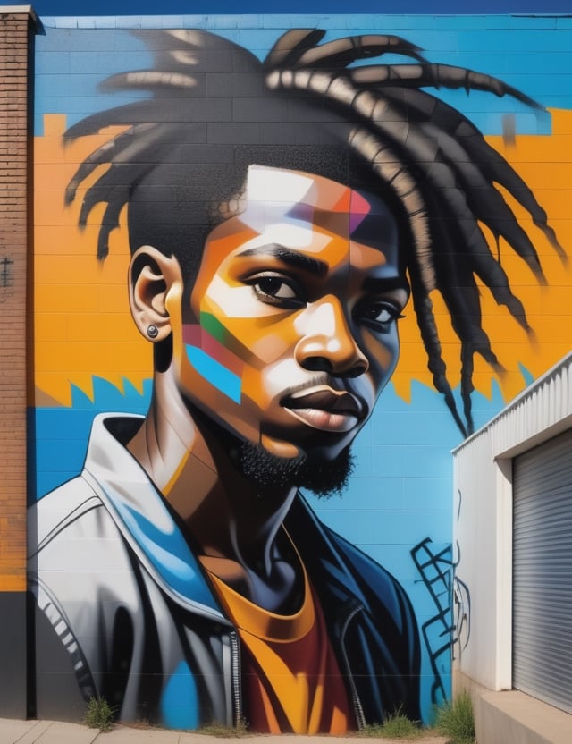 Create a striking urban mural on a wall, depicting a 20-year-old African man with rich black skin and short, coiled hair. Focus on a close-up of his face, intricately capturing details. Draw inspiration from the thought-provoking urban art of Banksy, the vibrant and colorful murals of Eduardo Kobra, and the raw, emotional graffiti style of Faith47. Craft a superior urban mural that seamlessly blends these influences into an outstanding portrayal.

