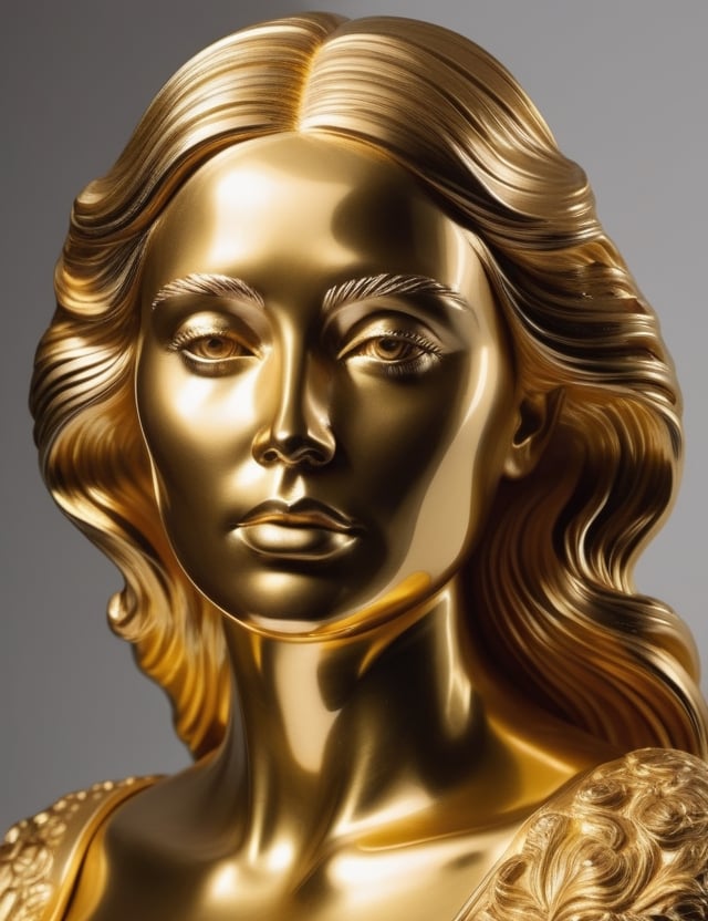 Craft an opulent gold sculpture, portraying a 40-year-old Russian woman with straight and slightly wavy hair. Focus on a close-up of her face, intricately capturing details in the style of gold sculptures. Draw inspiration from the gold sculptures of Marc Quinn, the golden works of Damien Hirst, and the refined style of Francesco Jerace in sculpture. Create a superior gold sculpture that seamlessly blends these influences into an outstanding portrayal.

