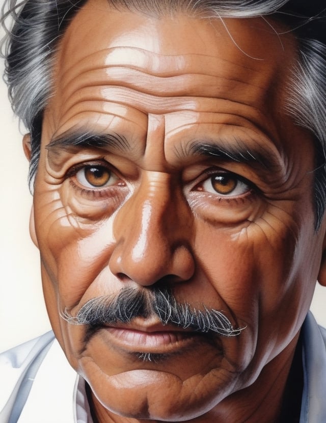 Capture the wisdom of a 60-year-old Bolivian man with fair skin, caramel-colored coiled hair, small black mustache, and deep black eyes, dressed in a luminous, glossy white suit. Focus on a close-up of his face, diving into the intricate details. Channel the aquarelle finesse of Lorraine Watry, infuse the nuanced expressiveness seen in Anna Brigitta Kovacs' close-ups, and incorporate the subtle portraiture style of Karlyn Holman's watercolor works. Deliver a superior watercolor masterpiece that seamlessly blends these influences into an exceptional portrayal.

