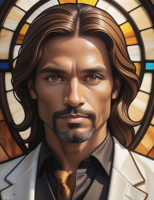 Evoke the beauty of stained glass artistry in portraying a 40-year-old man of Brazilian heritage. His sleek, caramel-colored, straight hair complements a face adorned with a rich, dark tan. In this close-up, the luminosity of a dazzling white suit enhances his refined appearance. Illuminate the intricacies of his smooth hair, capturing the nuances in his eyes, and convey the cultural essence through the interplay of radiant hues. Each stroke must articulate the essence of Brazilian warmth and elegance within the captivating medium of stained glass.

